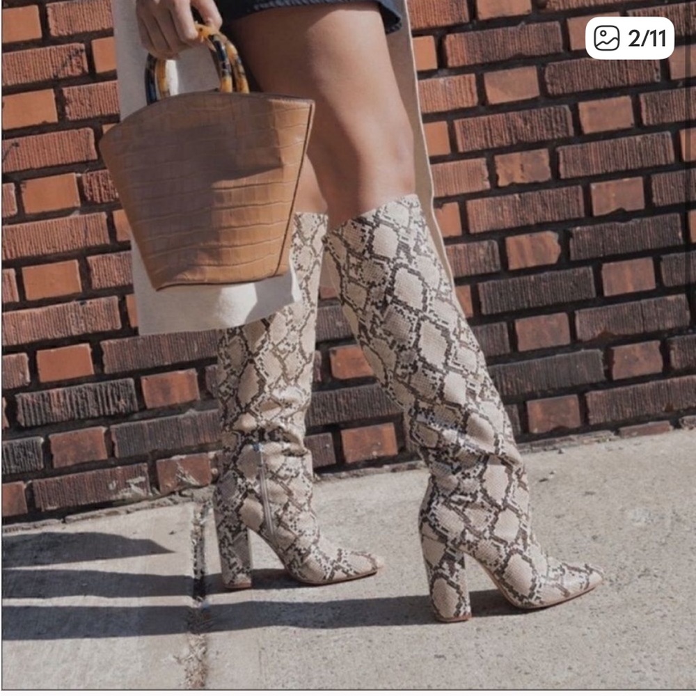 Zara Faux Snakeskin Knee High Block Heel Boots 37